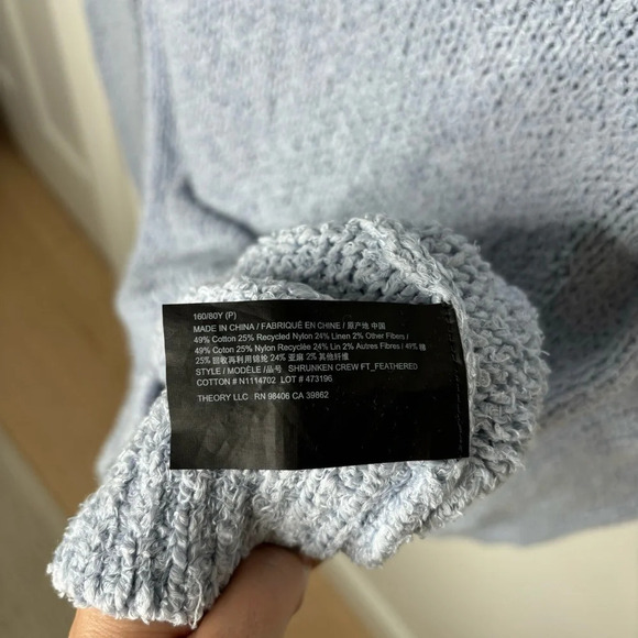 Theory Shrunken Crew Feathered Cotton Linen Sweater Light Blue Size S - Picture 4 of 6